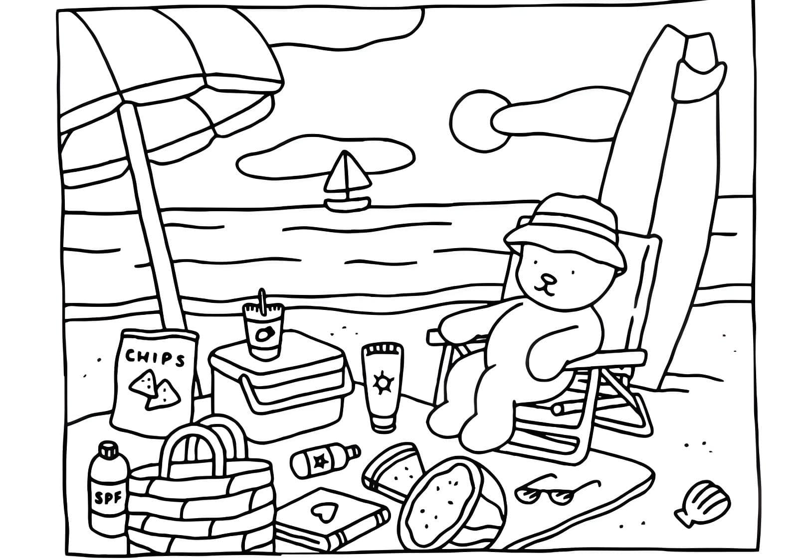 Bobbie Goods Kleurplaat: Beer Relaxed op het Strand Kleurplaat