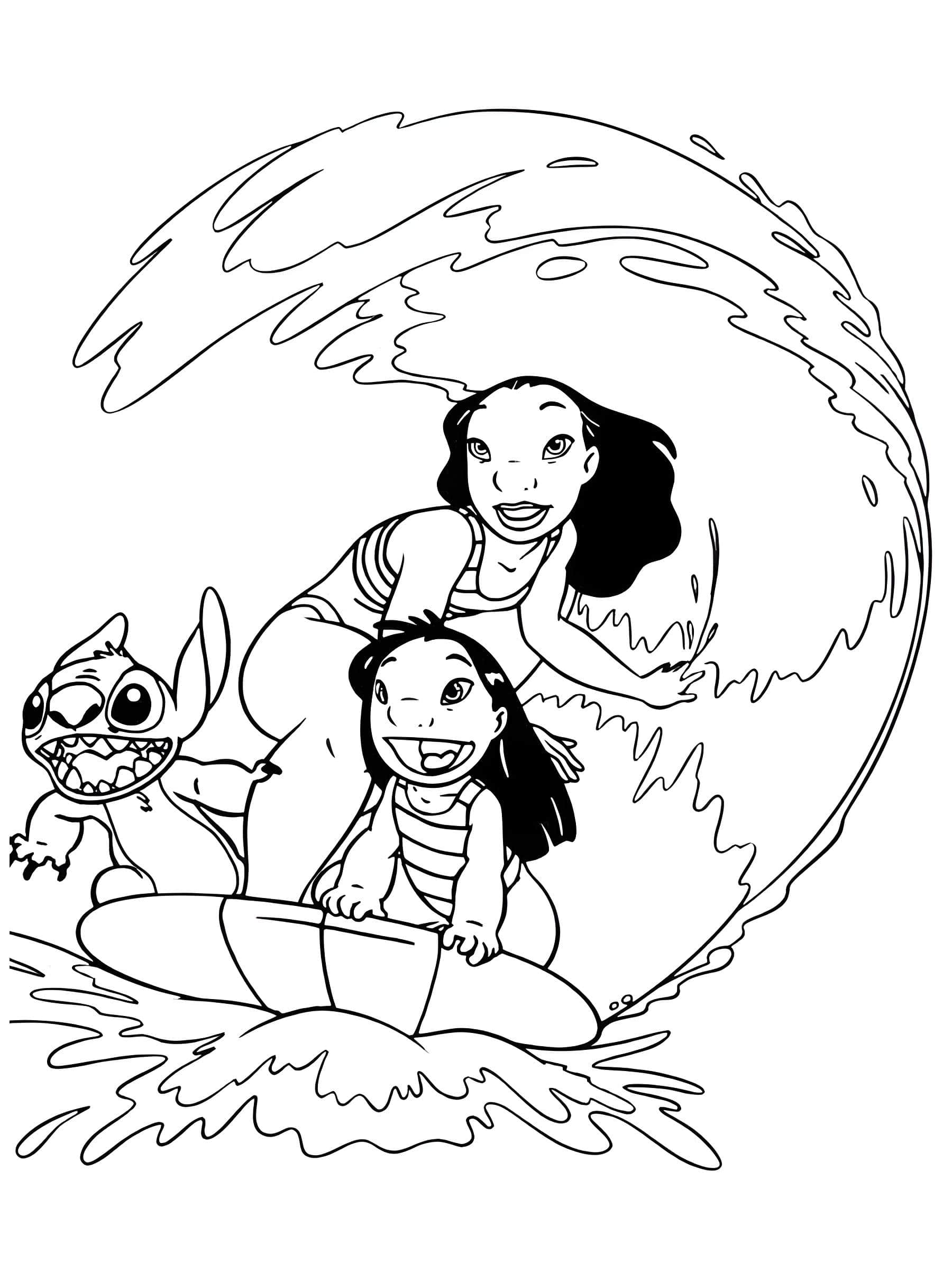 Kleurplaat Lilo en Nani Surfen met Stitch Kleurplaat
