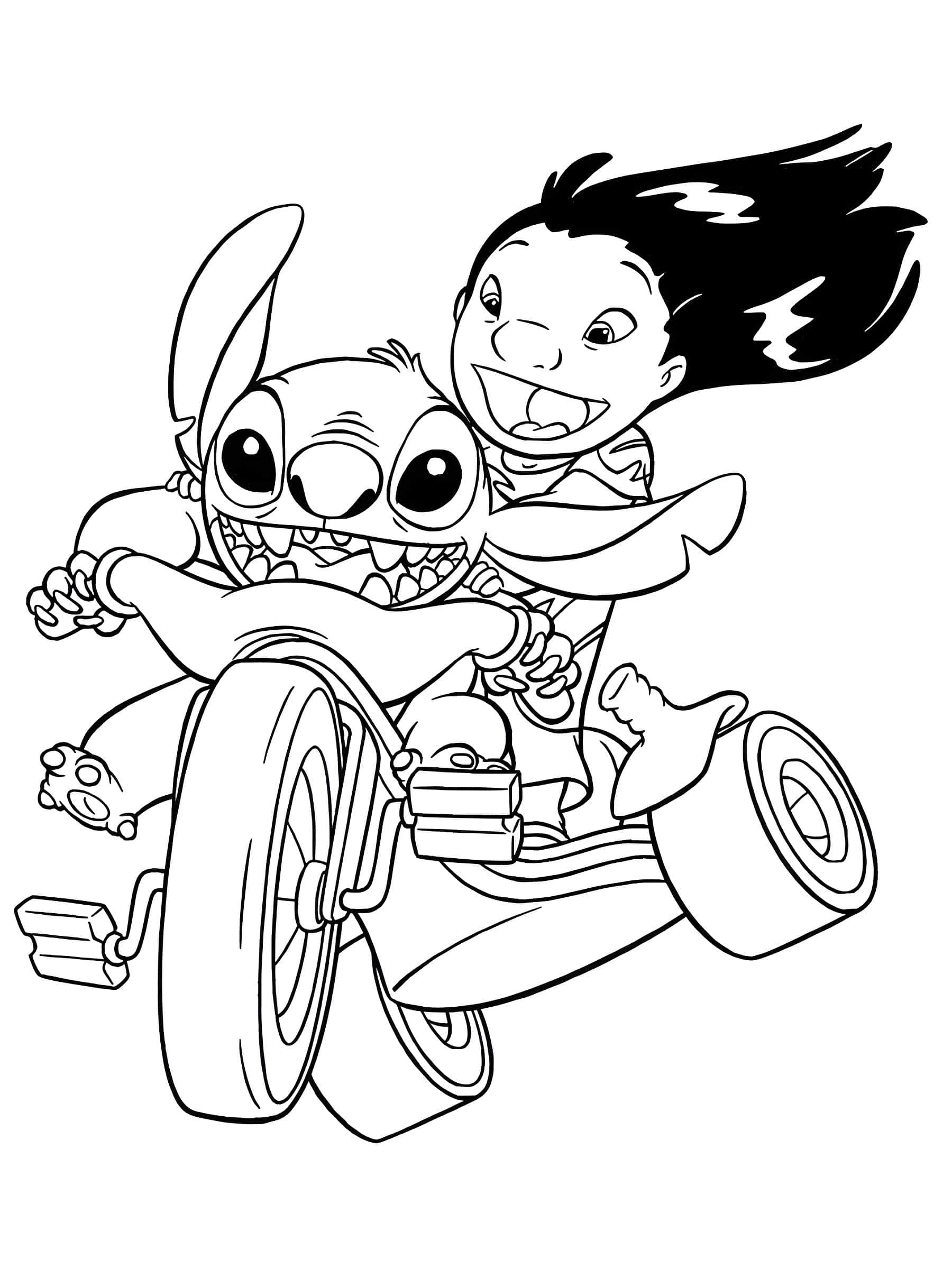 Kleurplaat Lilo en Stitch op de Fiets Kleurplaat