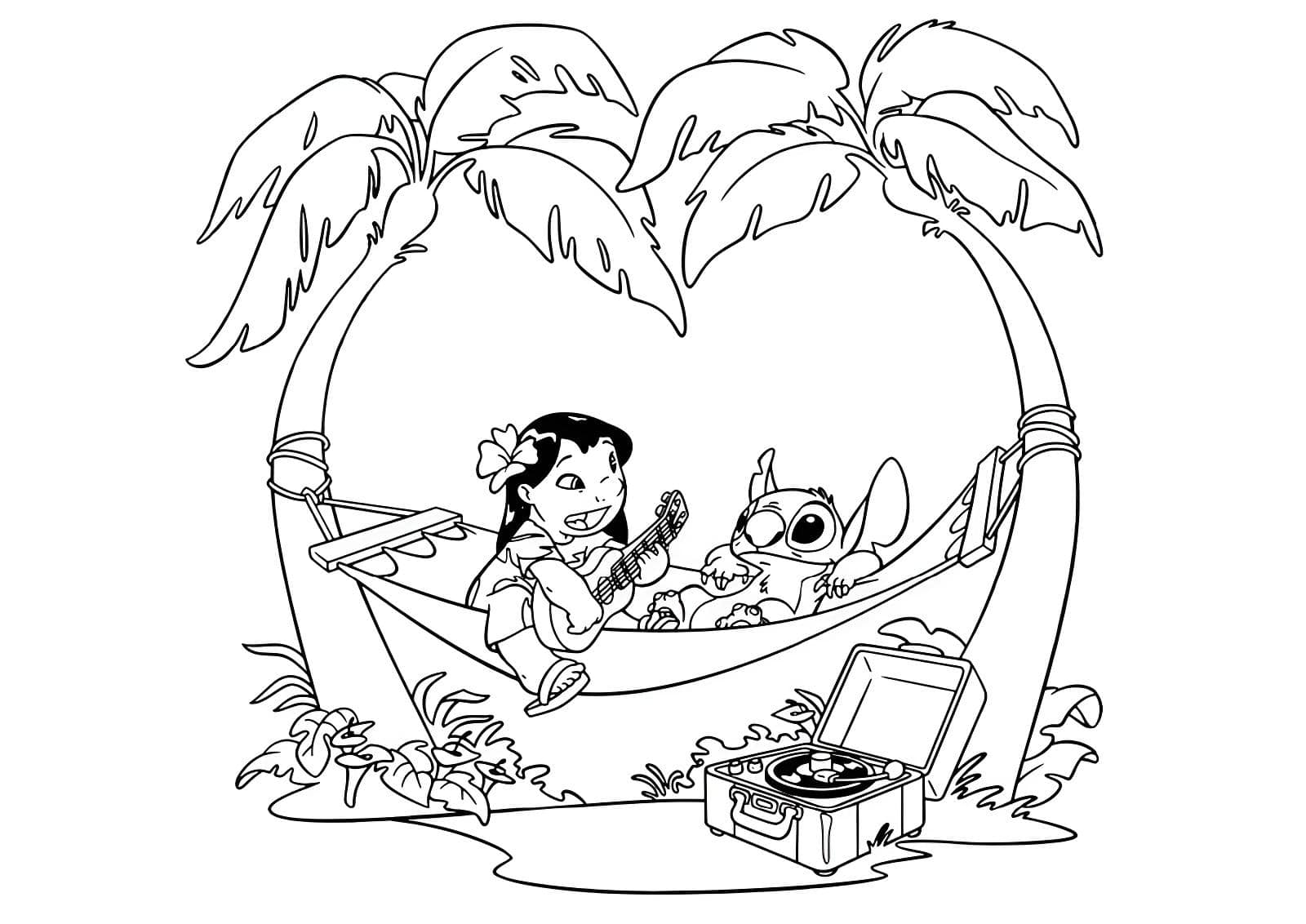 Kleurplaat Lilo en Stitch met Gitaar Kleurplaat